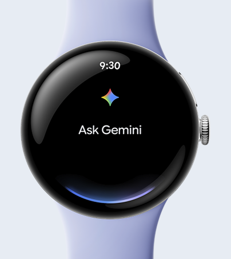 Google Pixel Watch face displaying 'Ask Gemini' text with colorful Gemini star logo