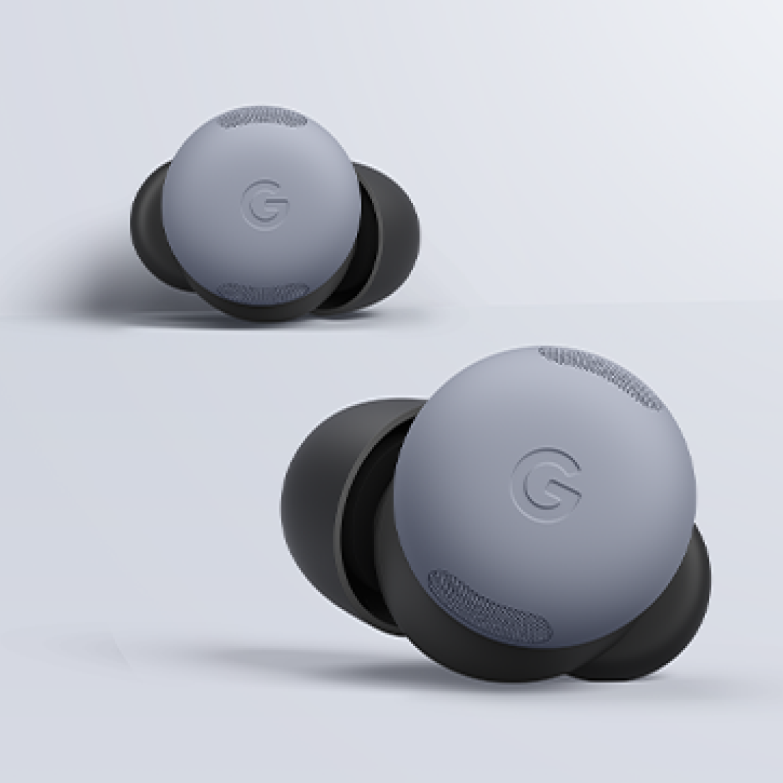 Pair of Google Pixel Buds with black ear tips