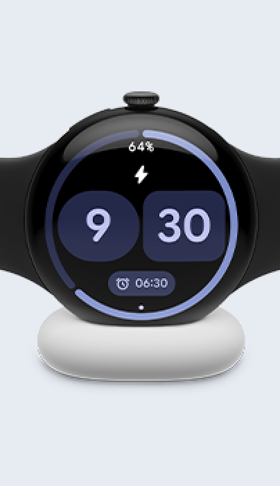 Google Pixel Watch displaying 9:30 time with purple glowing ring, mounted on white circular charging stand