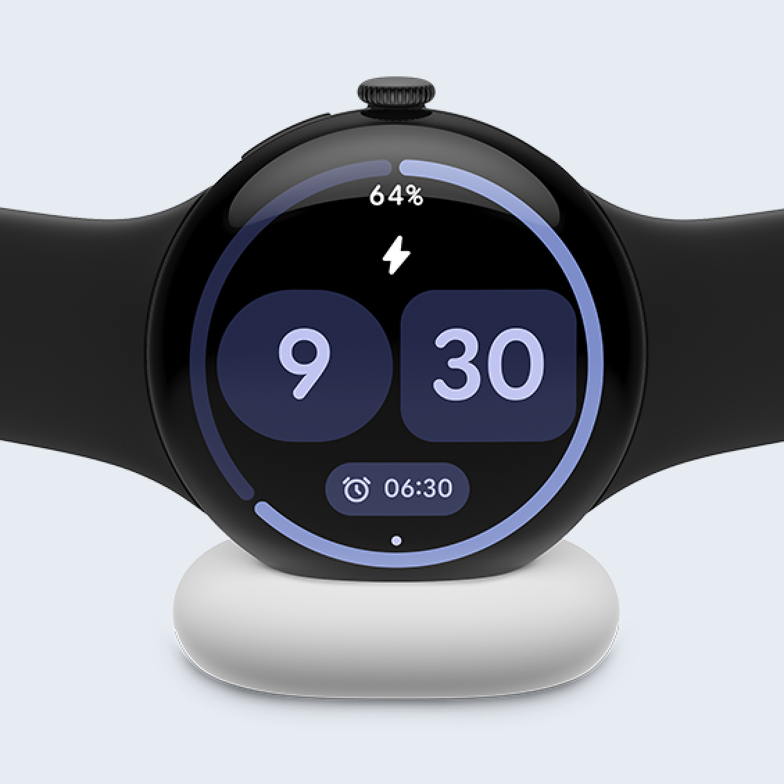 Google Pixel Watch displaying 9:30 time with purple glowing ring, mounted on white circular charging stand