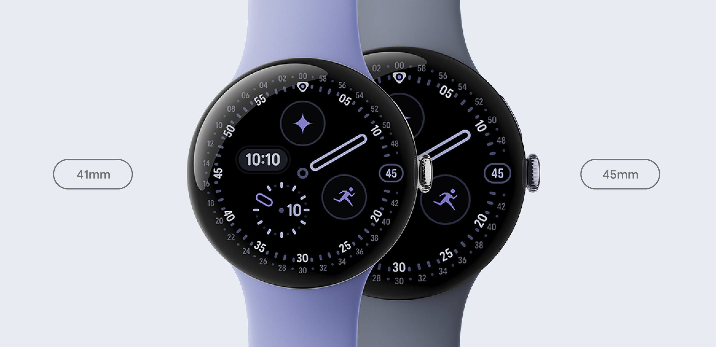 Two Google Pixel Watches in 41mm and 45mm sizes, shown with Iris and Moonstone bands