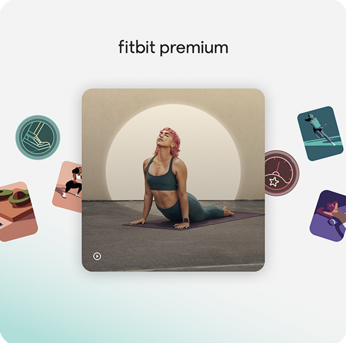 Fitbit Premium interface showing yoga workout content and fitness categories