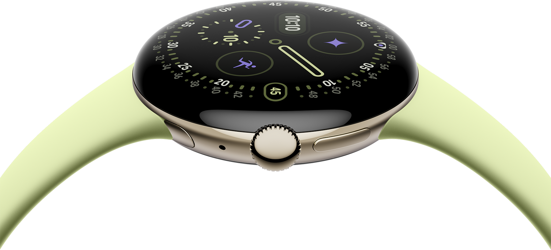 Gold Google Pixel Watch with lemongrass band, side view showing circular display