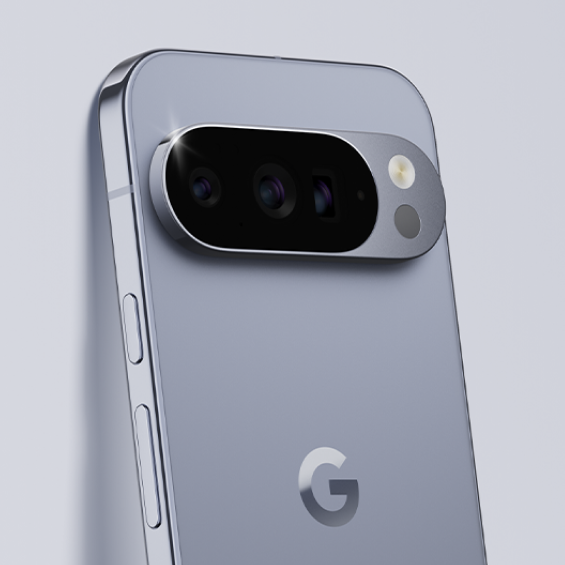 Google Pixel phone rear view in Moonstone showing triple camera system