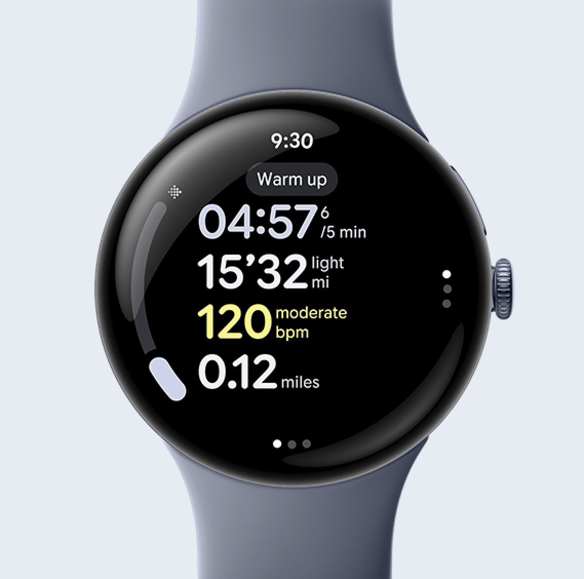 Google Pixel Watch displaying workout metrics including time, distance, and heart rate