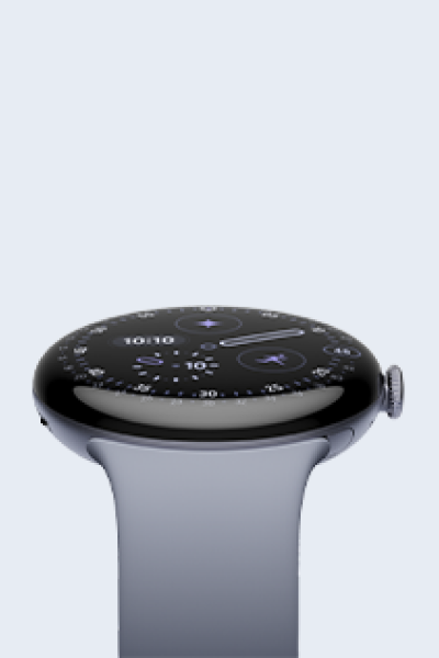 Google Pixel Watch with curved domed glass display and silicone band shown at an angle